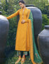 Yellow Pant style Suit Pure Jam Satin Salwar Kameez in Embroidery, Digital Print & Lace Work