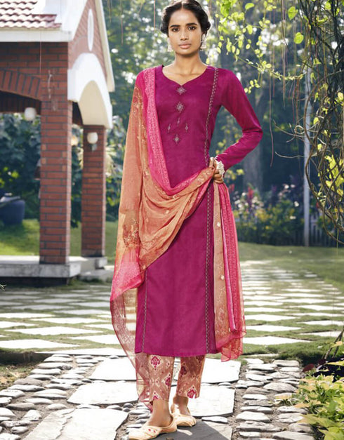 Pink Pant style Suit Pure Jam Satin Salwar Kameez in Embroidery, Digital Print & Lace Work