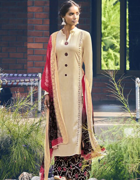Beige Sharara style Suit Pure Jam Satin Salwar Kameez in Embroidery, Digital Print & Lace Work