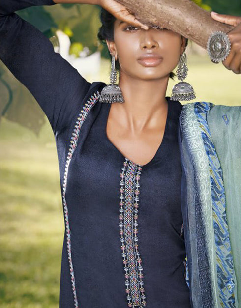 Blue Sharara style Suit Pure Jam Satin Salwar Kameez in Embroidery, Digital Print & Lace Work Closure View