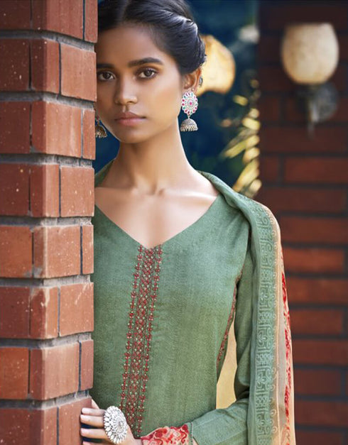 Green Palazzo style Suit Pure Jam Satin Salwar Kameez in Embroidery, Digital Print & Lace Work Closure View