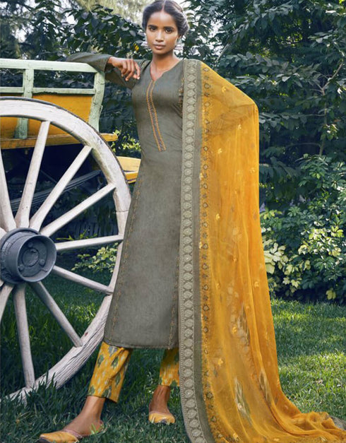 Grey Pant style Suit Pure Jam Satin Salwar Kameez in Embroidery, Digital Print & Lace Work