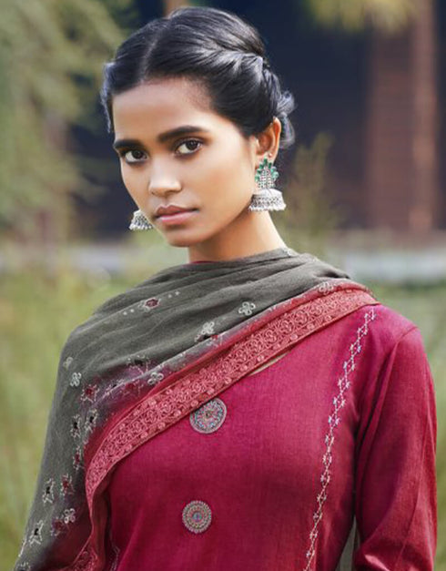 Red Pant style Suit Pure Jam Satin Salwar Kameez in Embroidery, Digital Print & Lace Work Closure View