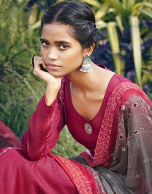 Red Pant style Suit Pure Jam Satin Salwar Kameez in Embroidery, Digital Print & Lace Work Closure View Embroidery