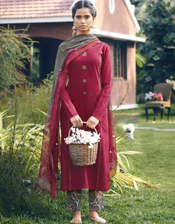 Red Pant style Suit Pure Jam Satin Salwar Kameez in Embroidery, Digital Print & Lace Work