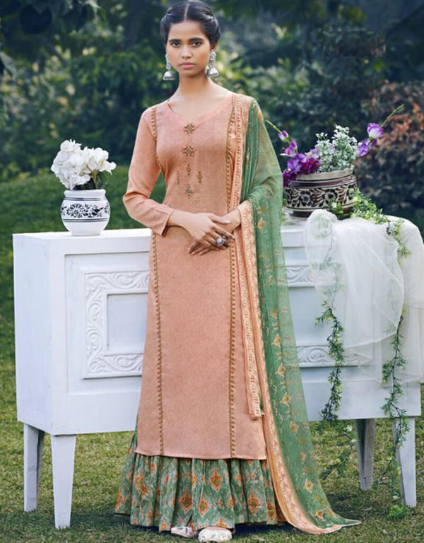 Peach Pant style Suit Pure Jam Satin Salwar Kameez in Embroidery, Digital Print & Lace Work