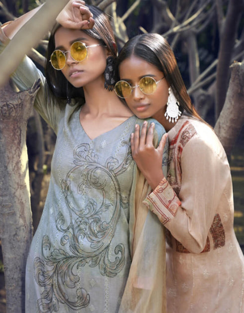 Brown Palazzo style Suit Pure Cotton Lawn Salwar Kameez in Embroidery, Digital Print & Lace Work Closure View