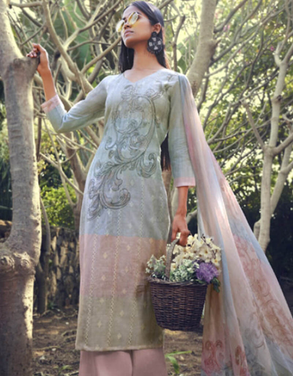 Brown Palazzo style Suit Pure Cotton Lawn Salwar Kameez in Embroidery, Digital Print & Lace Work