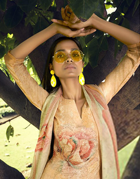 Orange Patiyala style Suit Pure Cotton Lawn Salwar Kameez in Embroidery, Digital Print & Lace Work Closure View