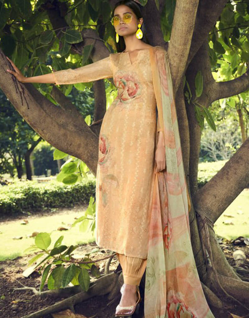 Orange Patiyala style Suit Pure Cotton Lawn Salwar Kameez in Embroidery, Digital Print & Lace Work