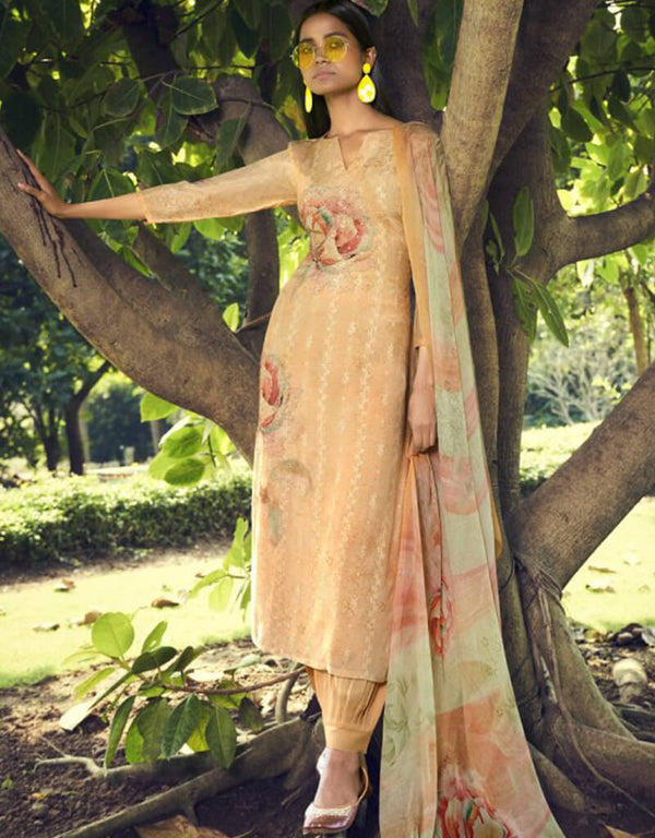 Orange Patiyala style Suit Pure Cotton Lawn Salwar Kameez in Embroidery, Digital Print & Lace Work