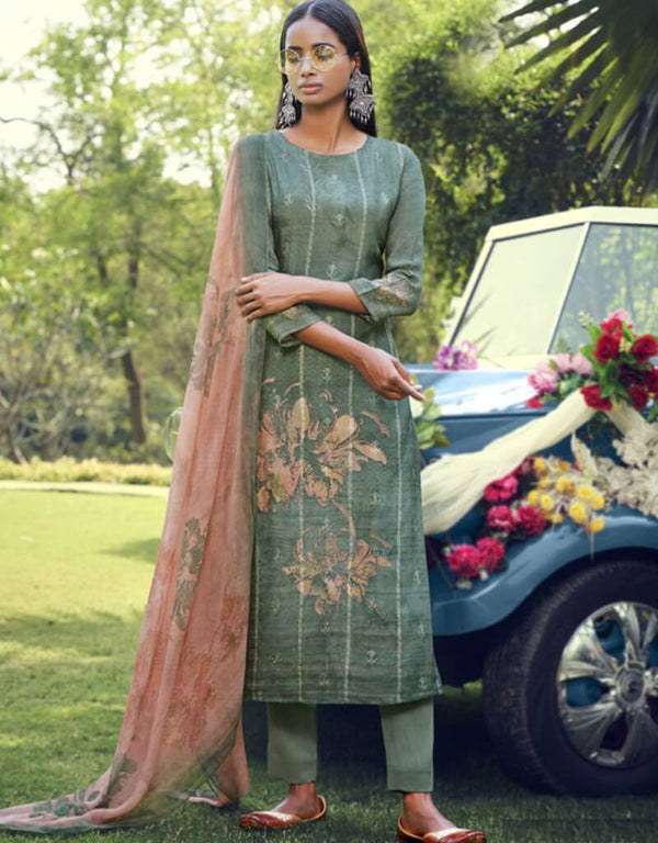 Green Pant style Suit Pure Cotton Lawn Salwar Kameez in Embroidery, Digital Print & Lace Work