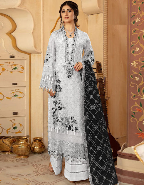 White Palazzo style Suit Faux Georgette Salwar Kameez in Embroidery & Lace Work