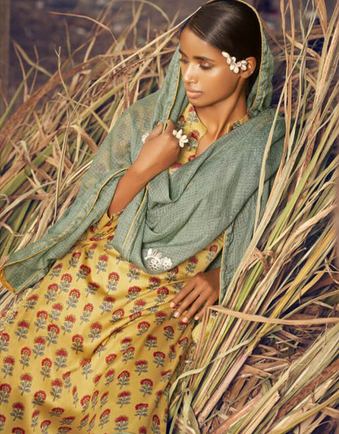 Yellow Sharara style Suit Pure Jam Satin Salwar Kameez in Embroidery, Print & Lace Work Closure View