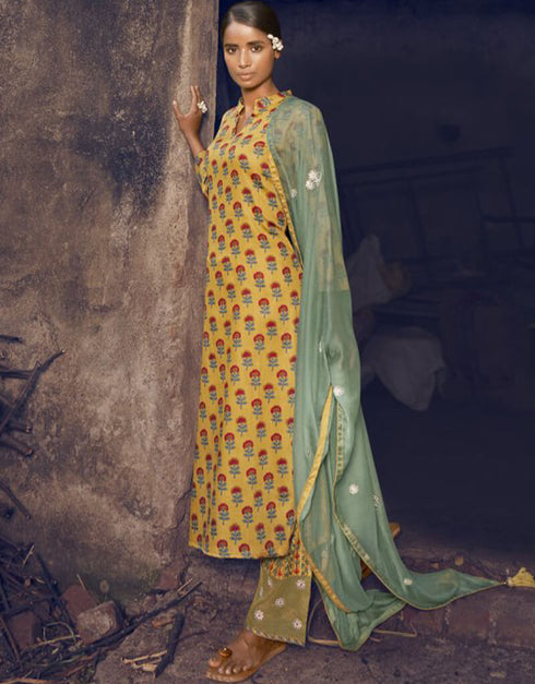 Yellow Sharara style Suit Pure Jam Satin Salwar Kameez in Embroidery, Print & Lace Work