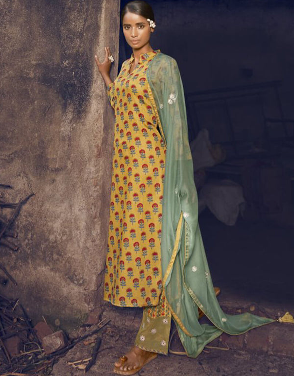 Yellow Sharara style Suit Pure Jam Satin Salwar Kameez in Embroidery, Print & Lace Work