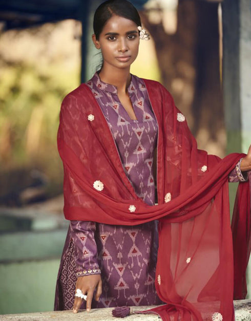 Purple Pant style Suit Pure Jam Satin Salwar Kameez in Embroidery, Print & Lace Work Closure View