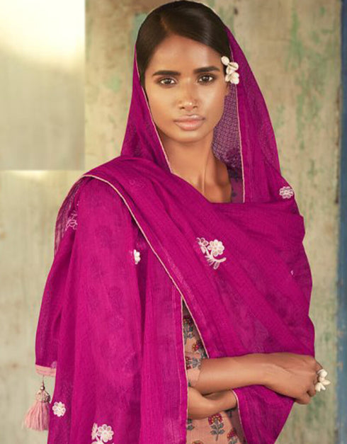 Peach Pant style Suit Pure Jam Satin Salwar Kameez in Embroidery, Print & Lace Work Closure View