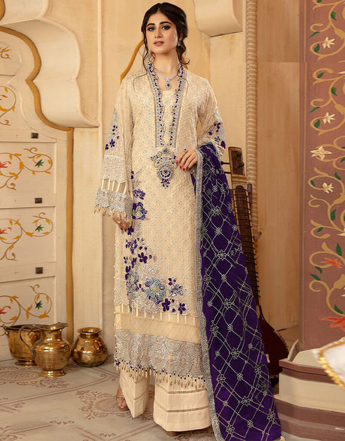 Light Beige Palazzo style Suit Faux Georgette Salwar Kameez in Embroidery & Lace Work