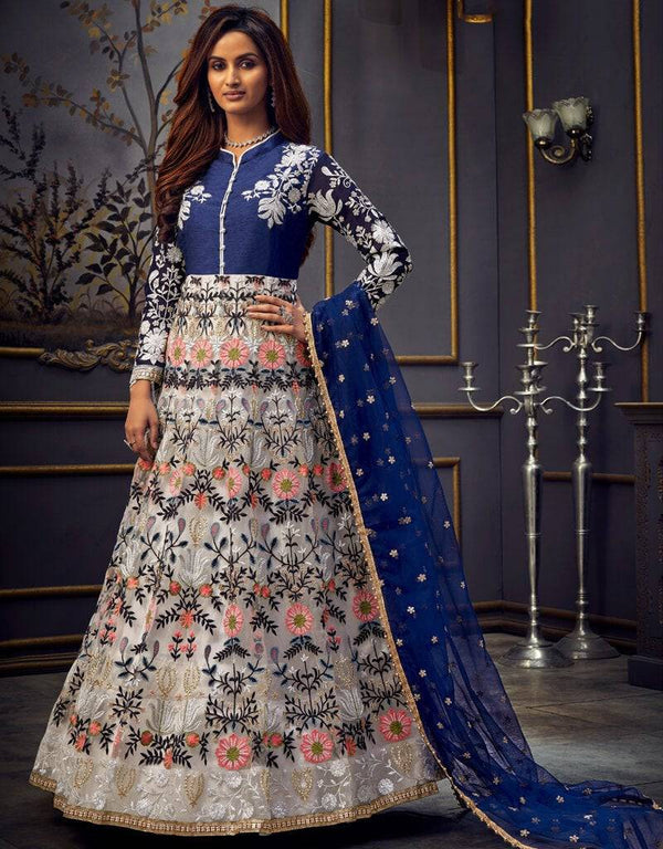 Butterfly Net White And Blue Straight Suit Anarkali Bottom