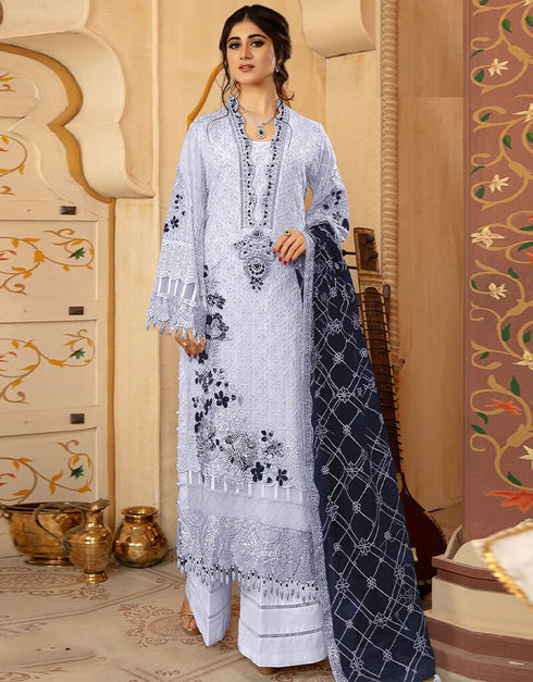 Light Sky Blue Palazzo style Suit Faux Georgette Salwar Kameez in Embroidery & Lace Work
