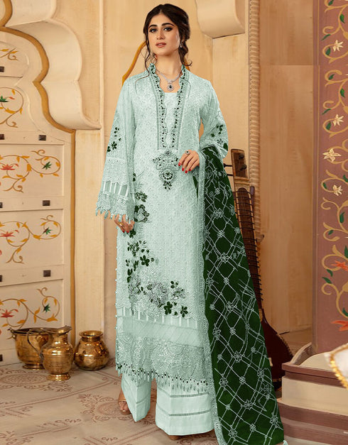 Light Mint Green Palazzo style Suit Faux Georgette Salwar Kameez in Embroidery & Lace Work