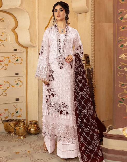 Light Pink Palazzo style Suit Faux Georgette Salwar Kameez in Embroidery & Lace Work