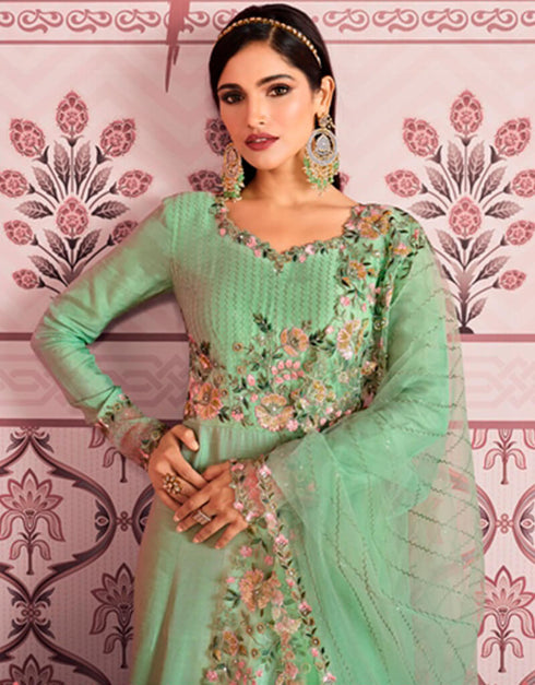 Green Anarkali style Suits Russian Silk Salwar Kameez in Embroidery, Stone & Lace Work Closure View
