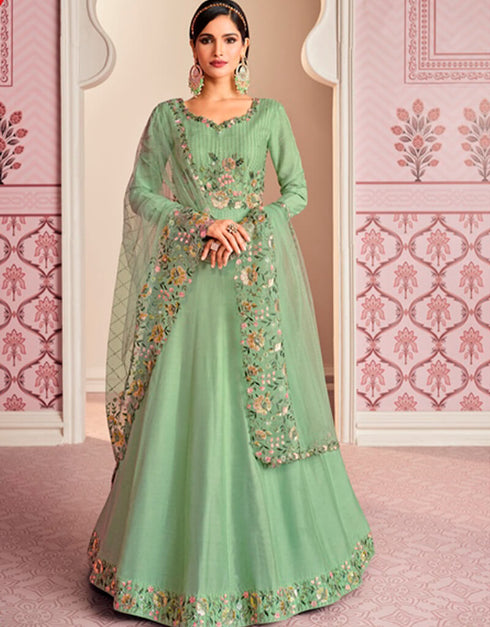 Green Anarkali style Suits Russian Silk Salwar Kameez in Embroidery, Stone & Lace Work