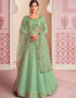Green Anarkali style Suits Russian Silk Salwar Kameez in Embroidery, Stone & Lace Work