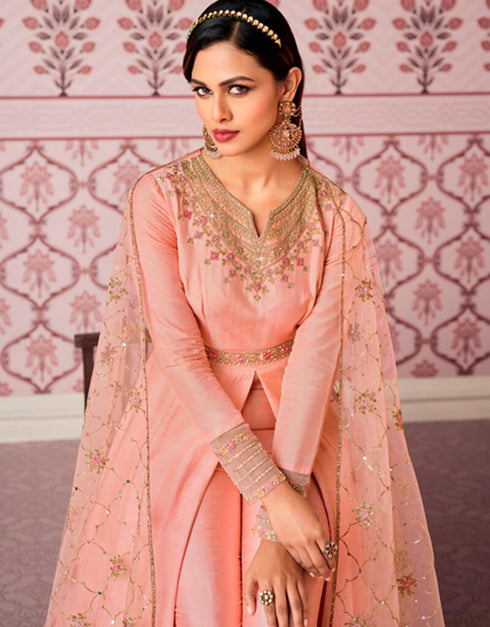 Peach Pant style Suits Russian Silk Salwar Kameez in Embroidery, Stone & Lace Work Closure View