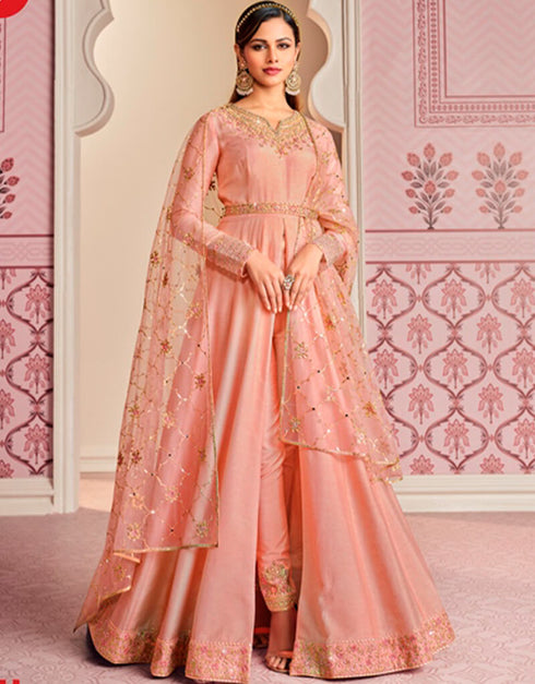 Peach Pant style Suits Russian Silk Salwar Kameez in Embroidery, Stone & Lace Work
