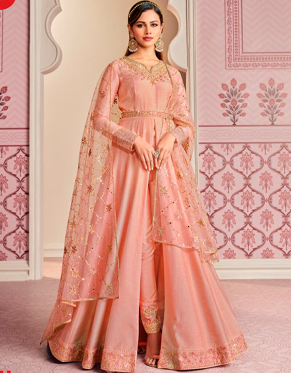 Peach Pant style Suits Russian Silk Salwar Kameez in Embroidery, Stone & Lace Work
