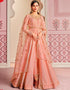 Peach Pant style Suits Russian Silk Salwar Kameez in Embroidery, Stone & Lace Work