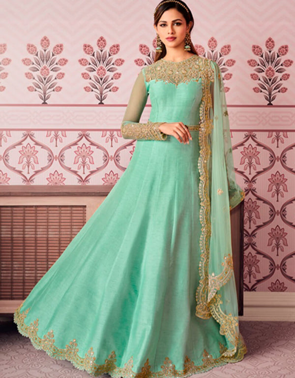 Sky Blue Anarkali style Suits Russian Silk Salwar Kameez in Embroidery, Stone & Lace Work