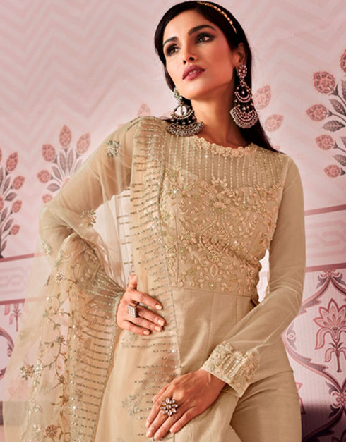 Brown Pant style Suits Russian Silk Salwar Kameez in Embroidery, Stone & Lace Work Closure View