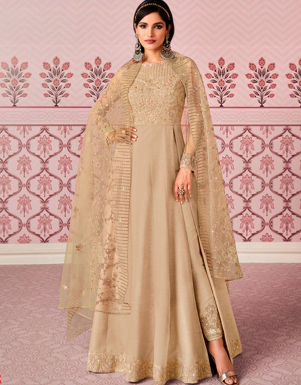 Brown Pant style Suits Russian Silk Salwar Kameez in Embroidery, Stone & Lace Work