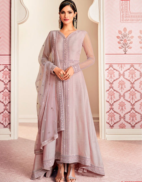 Purple Pant style Suits Russian Silk Salwar Kameez in Embroidery, Stone & Lace Work