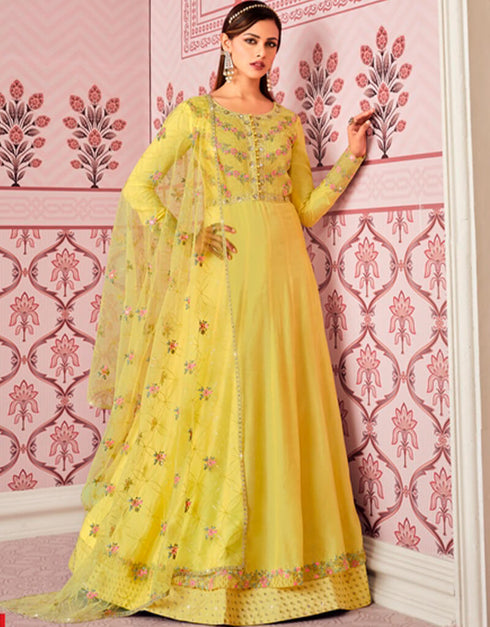 Yellow Anarkali style Suits Russian Silk Salwar Kameez in Embroidery, Stone & Lace Work