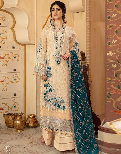 Light yellow Palazzo style Suit Faux Georgette Salwar Kameez in Embroidery & Lace Work