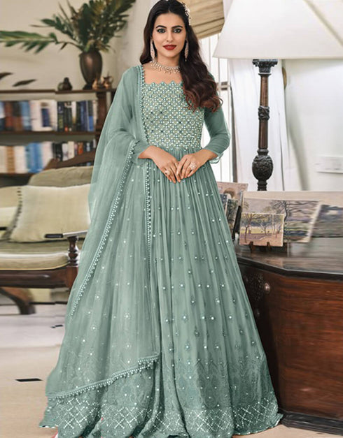 Green Anarkali style Suits Faux Georgette Salwar Kameez in Embroidery, Sequins & Lace Work