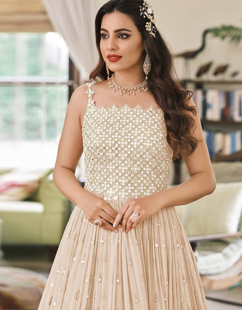 Beige Anarkali style Suits Faux Georgette Salwar Kameez in Embroidery, Sequins & Lace Work Closure View