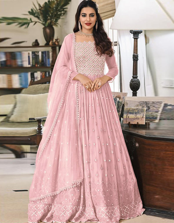 Pink Anarkali style Suits Faux Georgette Salwar Kameez in Embroidery, Sequins & Lace Work