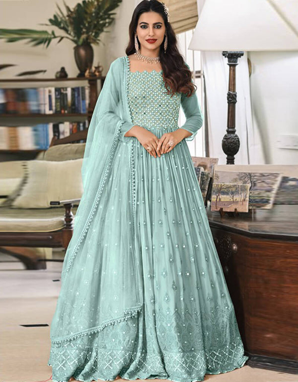 Sky Blue Anarkali style Suits Faux Georgette Salwar Kameez in Embroidery, Sequins & Lace Work