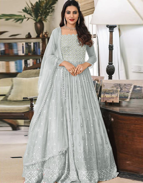 Grey Anarkali style Suits Faux Georgette Salwar Kameez in Embroidery, Sequins & Lace Work