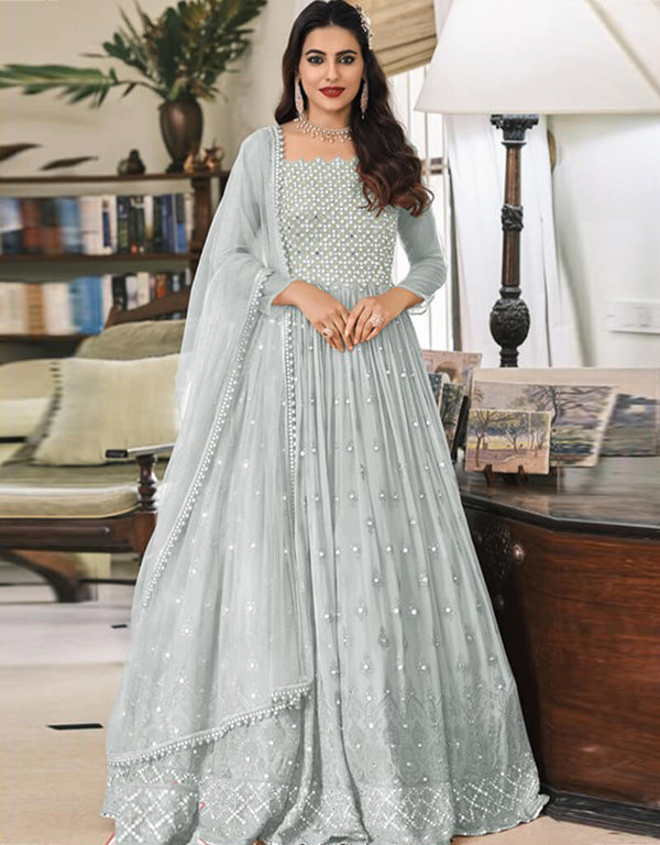 Grey Anarkali style Suits Faux Georgette Salwar Kameez in Embroidery, Sequins & Lace Work