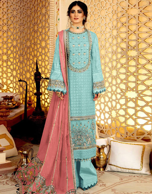 Light Turquoise Palazzo style Suit Faux Georgette Salwar Kameez in Embroidery, Stone & Lace Work