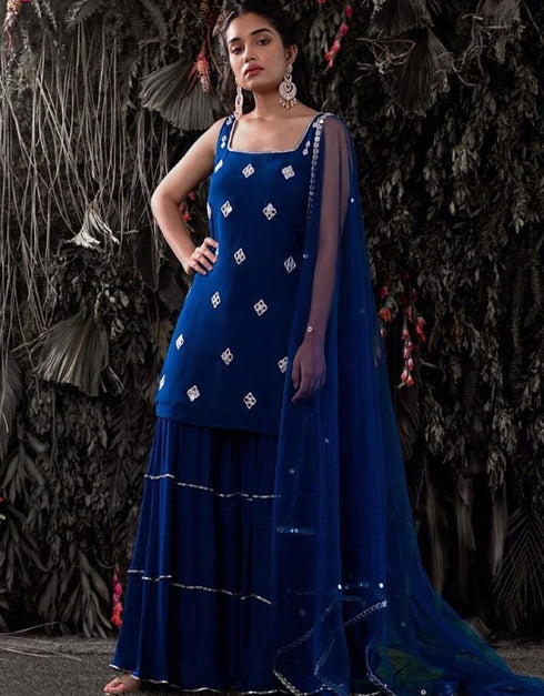 Blue Sharara style Suits Georgette Salwar Kameez in Embroidery, Gota & Lace Work