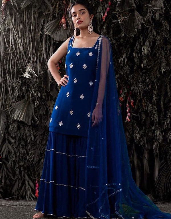 Blue Sharara style Suits Georgette Salwar Kameez in Embroidery, Gota & Lace Work