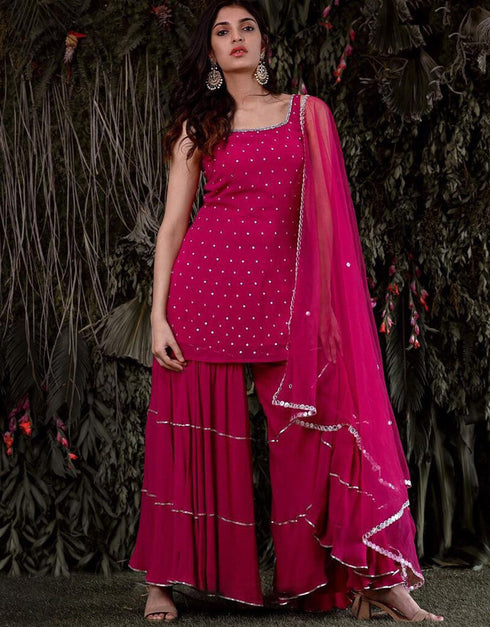Pink Sharara style Suits Georgette Salwar Kameez in Embroidery, Mukaish & Lace Work